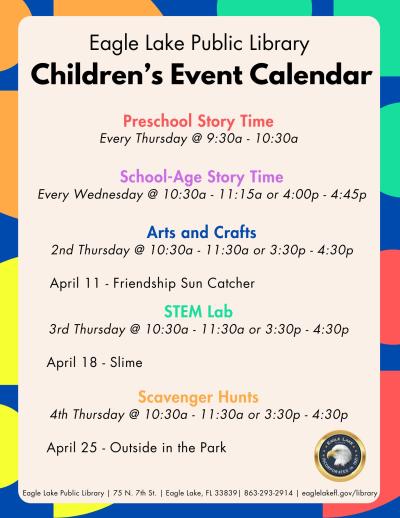 Eagle Lake Public Library Children's Event Calendar April 2024