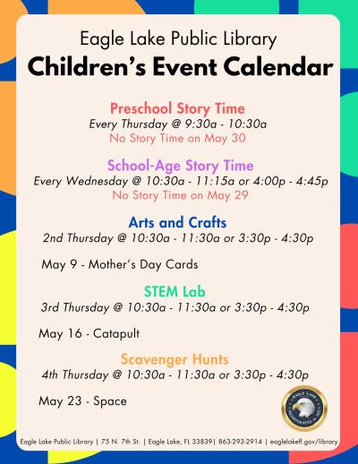 Eagle Lake Public Library Children's Event Calendar May 2024